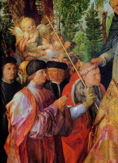 Het Festival van de Rozen Tuinen, detail links: bidden, 1506 door Albrecht Dürer